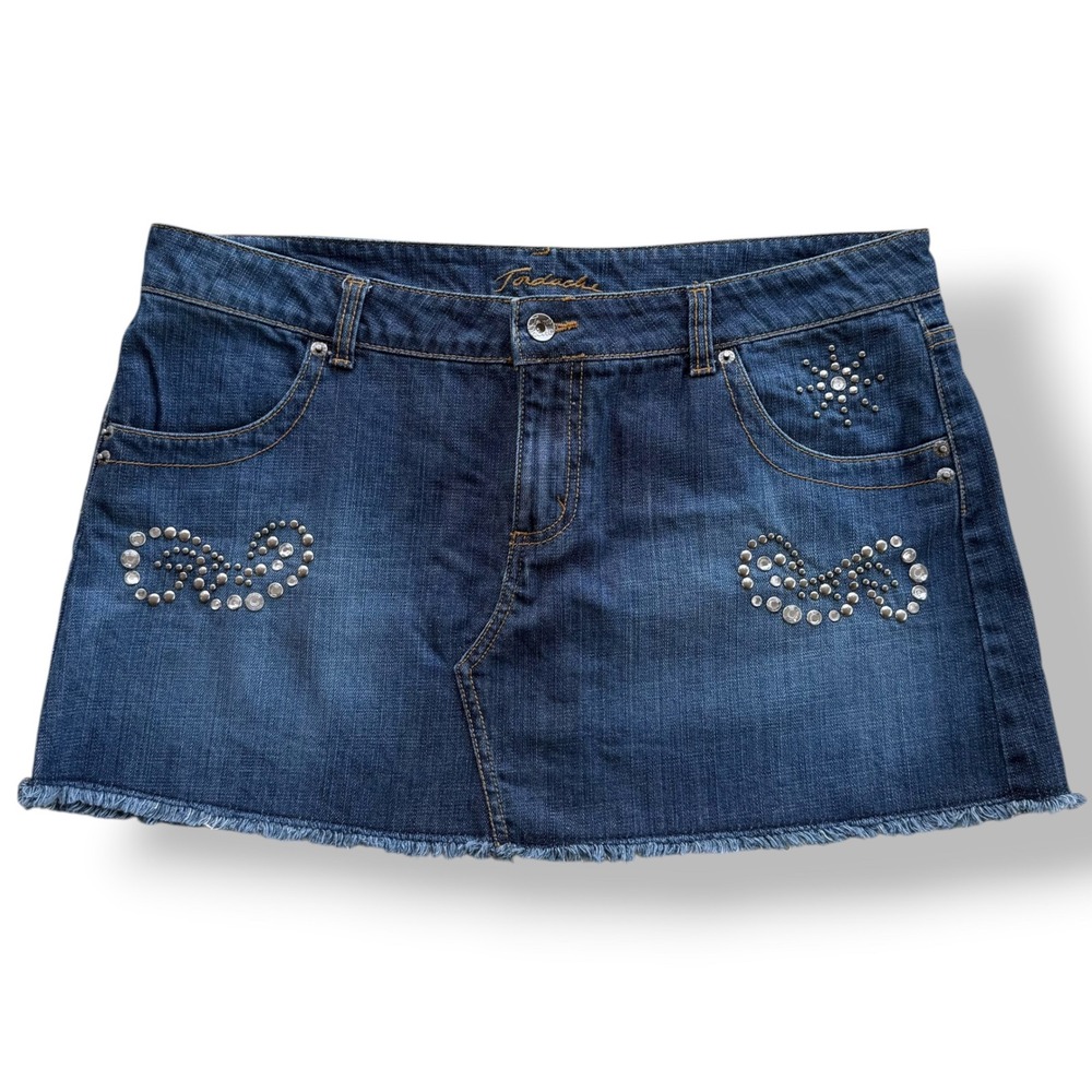 Jordache Womens 15/16 Rhinestone Studs Dark Wash Denim Mini Jean Skirt Y2K Retro